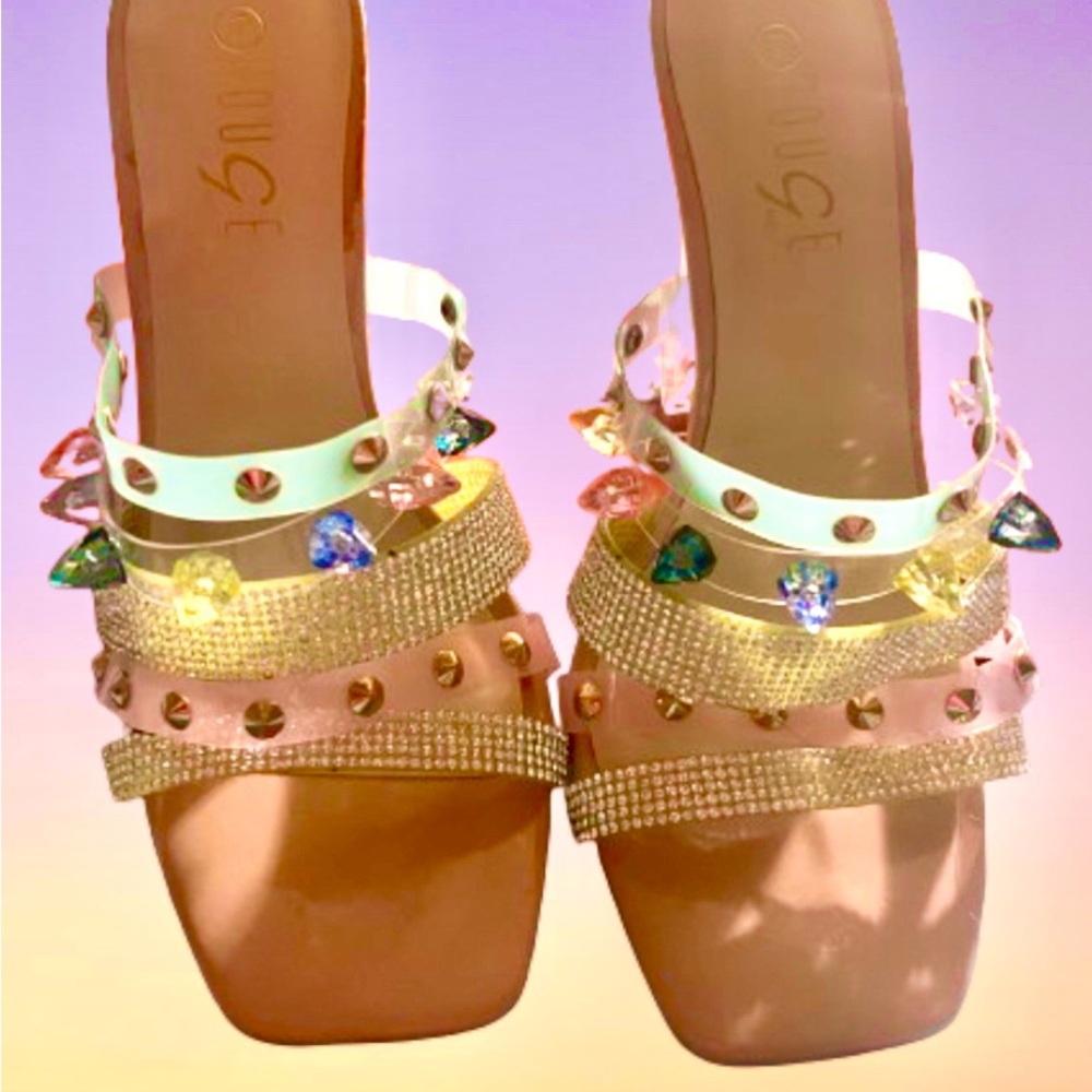 SLASH-10 Rainbow RHINESTONE HIGH HEEL Women – Nude Patent Size 7